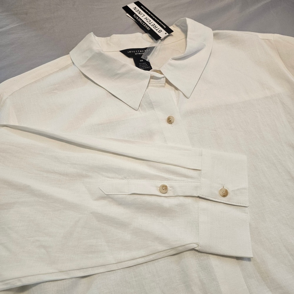 Investments Woman 3X Stretch Linen Rayon L/S Button Down Shirt White NWT 1142